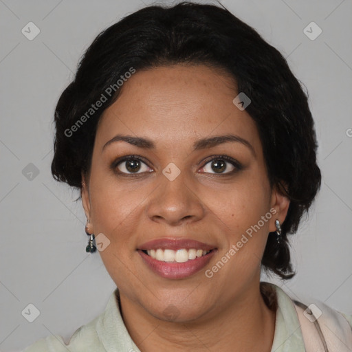 Joyful latino young-adult female with medium  brown hair and brown eyes