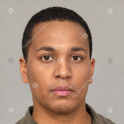 Neutral latino young-adult male with short  black hair and brown eyes