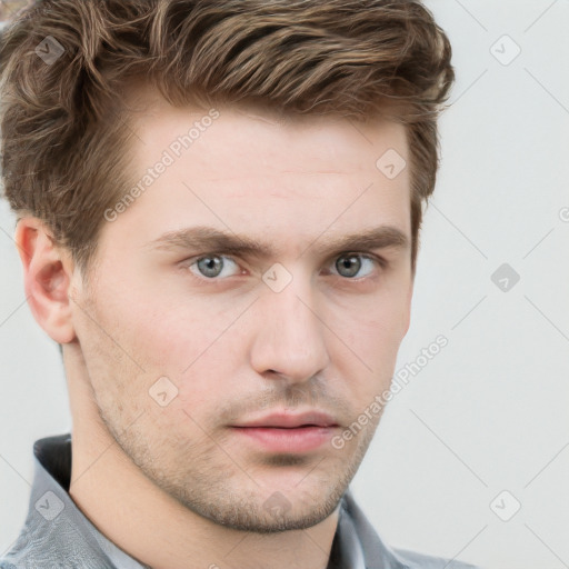 Neutral white young-adult male with short  brown hair and grey eyes