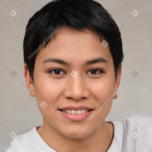 Joyful asian young-adult female with short  brown hair and brown eyes