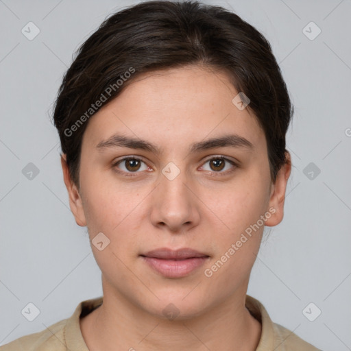 Neutral white young-adult female with short  brown hair and brown eyes