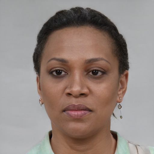 Joyful latino adult female with short  brown hair and brown eyes