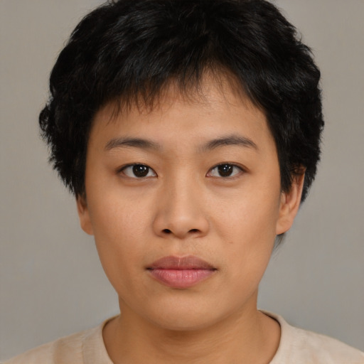 Neutral asian young-adult female with short  brown hair and brown eyes