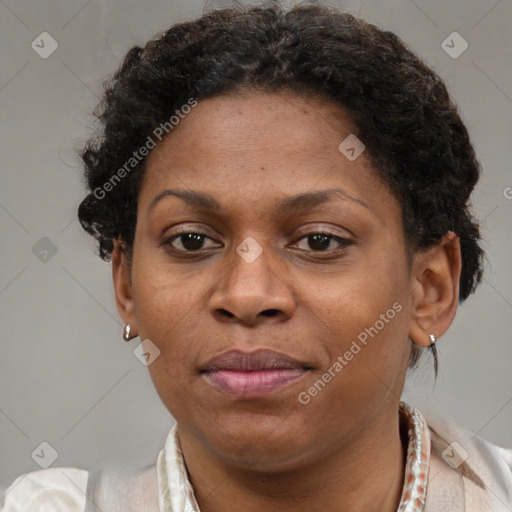 Joyful black adult female with short  brown hair and brown eyes