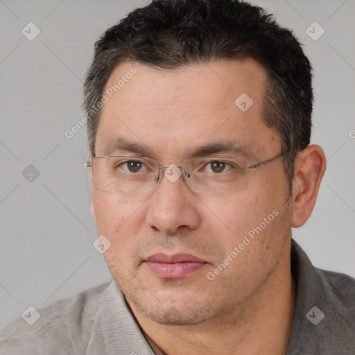 Neutral white adult male with short  brown hair and brown eyes