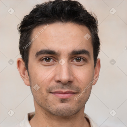 Neutral white young-adult male with short  brown hair and brown eyes