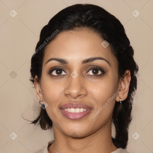 Joyful latino young-adult female with medium  black hair and brown eyes