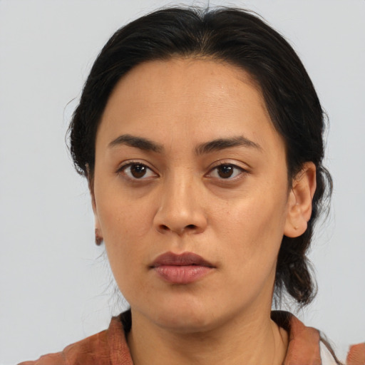 Neutral asian young-adult female with medium  brown hair and brown eyes