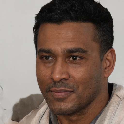 Joyful black adult male with short  black hair and brown eyes