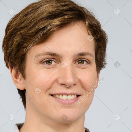 Joyful white young-adult female with short  brown hair and grey eyes