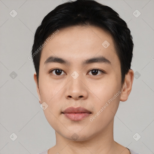 Neutral asian young-adult male with short  black hair and brown eyes