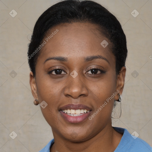 Joyful black young-adult female with short  brown hair and brown eyes