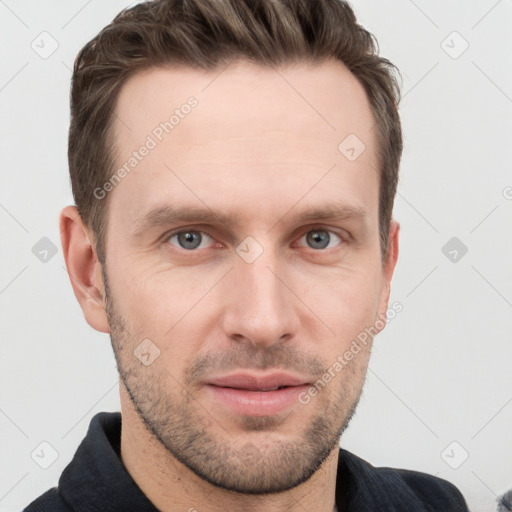 Neutral white young-adult male with short  brown hair and grey eyes