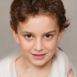 Joyful white child female with short  brown hair and brown eyes