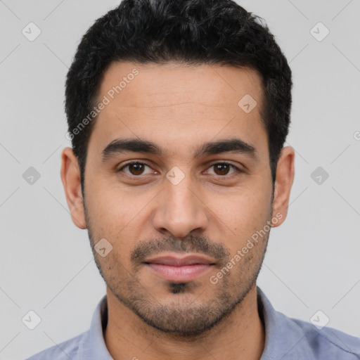 Neutral latino young-adult male with short  black hair and brown eyes