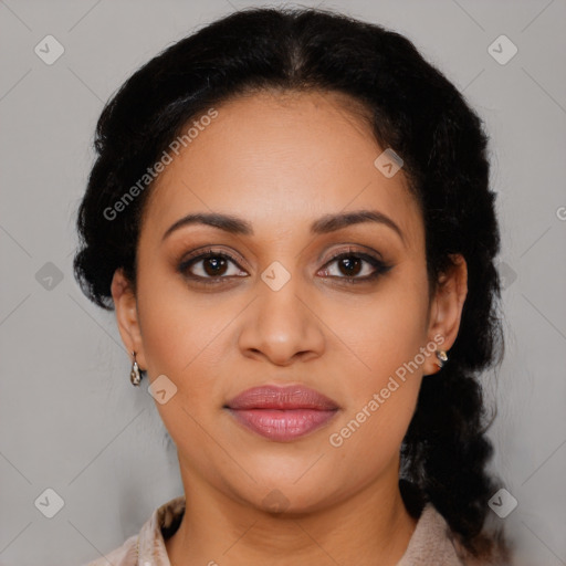 Joyful latino young-adult female with medium  brown hair and brown eyes