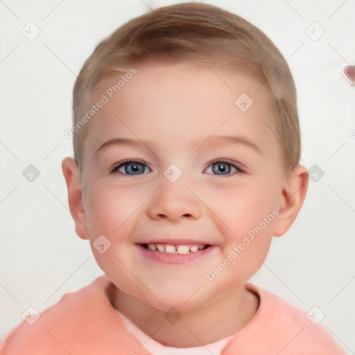 Joyful white child female with short  brown hair and blue eyes