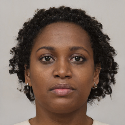 Neutral black young-adult female with medium  brown hair and brown eyes