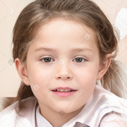 Joyful white child female with medium  brown hair and grey eyes