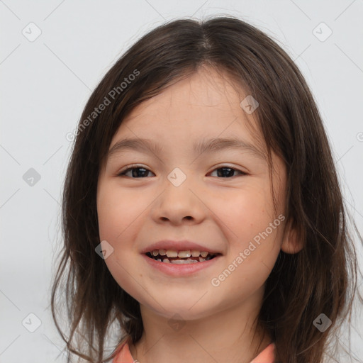 Joyful white child female with medium  brown hair and brown eyes