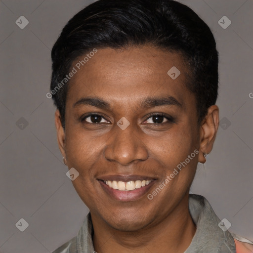 Joyful latino young-adult male with short  black hair and brown eyes