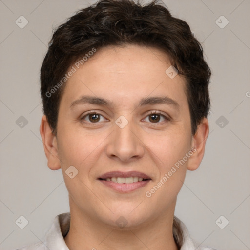 Joyful white young-adult female with short  brown hair and brown eyes