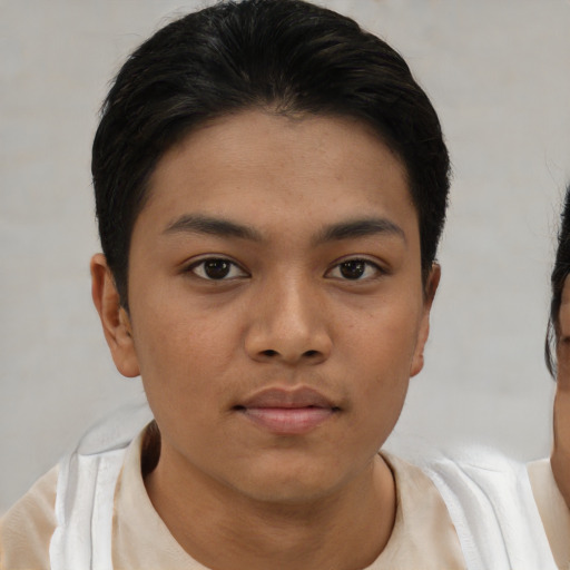 Neutral asian young-adult female with short  brown hair and brown eyes