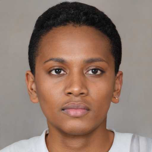 Neutral black young-adult female with short  black hair and brown eyes