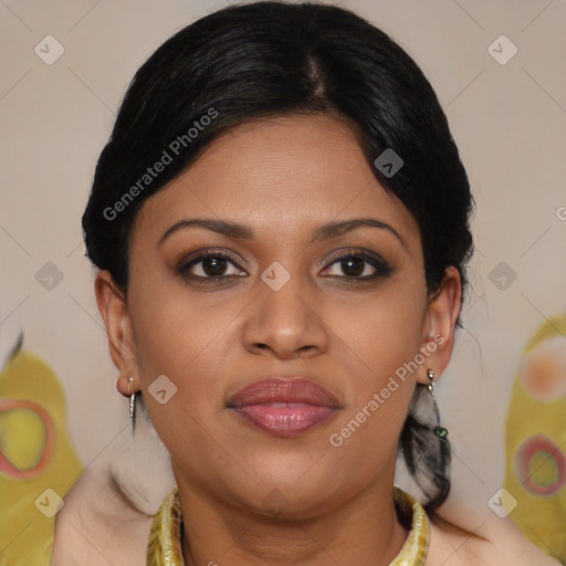 Joyful asian young-adult female with medium  brown hair and brown eyes