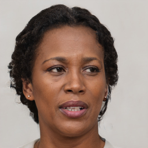 Joyful black adult female with short  brown hair and brown eyes
