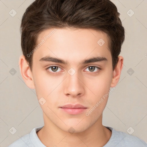 Neutral white young-adult male with short  brown hair and brown eyes