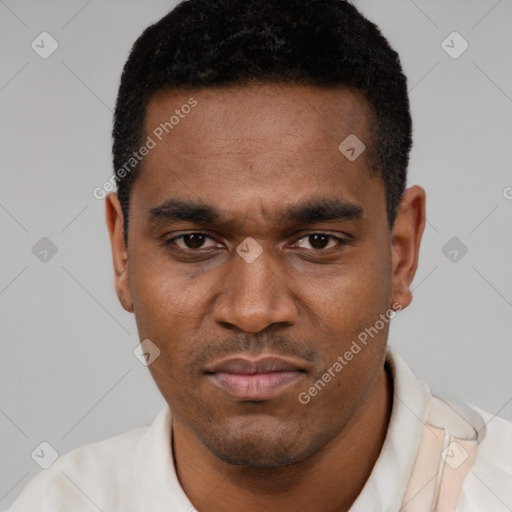 Neutral latino young-adult male with short  black hair and brown eyes