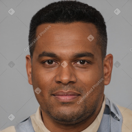 Joyful black young-adult male with short  brown hair and brown eyes