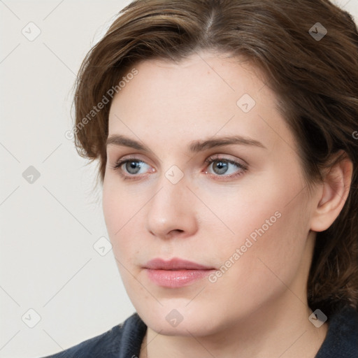 Neutral white young-adult female with medium  brown hair and grey eyes