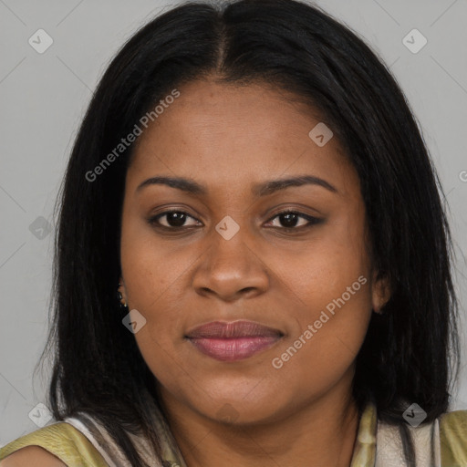 Joyful asian young-adult female with long  brown hair and brown eyes