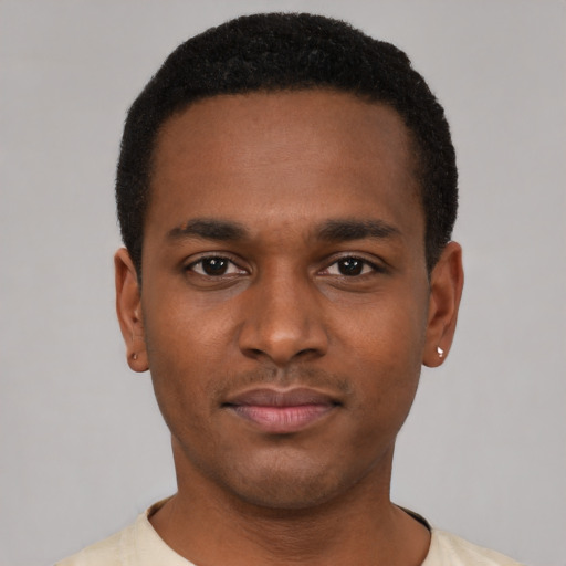 Neutral black young-adult male with short  black hair and brown eyes
