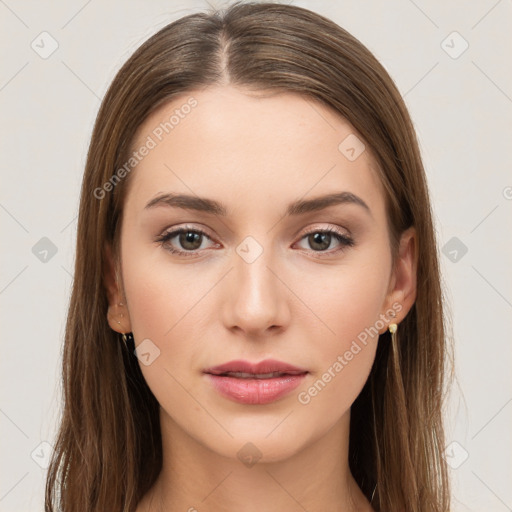 Neutral white young-adult female with long  brown hair and brown eyes