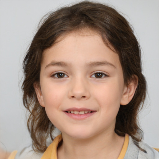 Joyful white child female with medium  brown hair and brown eyes