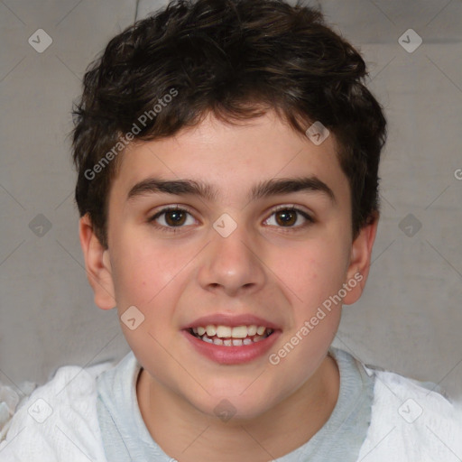 Joyful white child male with short  brown hair and brown eyes