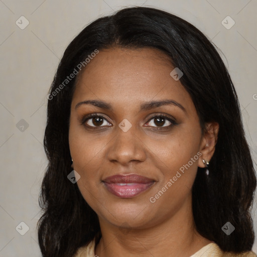 Joyful black young-adult female with medium  black hair and brown eyes