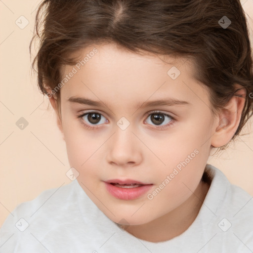 Joyful white child female with short  brown hair and brown eyes