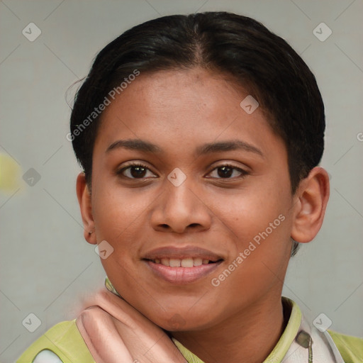 Joyful latino young-adult female with short  brown hair and brown eyes