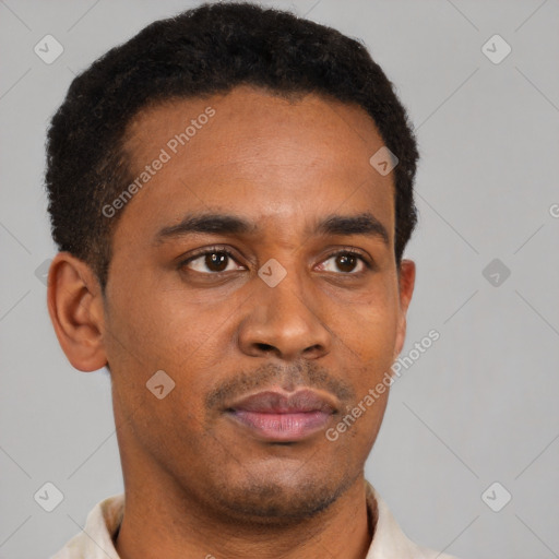 Neutral latino young-adult male with short  brown hair and brown eyes