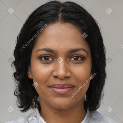 Joyful black young-adult female with medium  brown hair and brown eyes