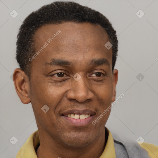 Joyful latino young-adult male with short  brown hair and brown eyes