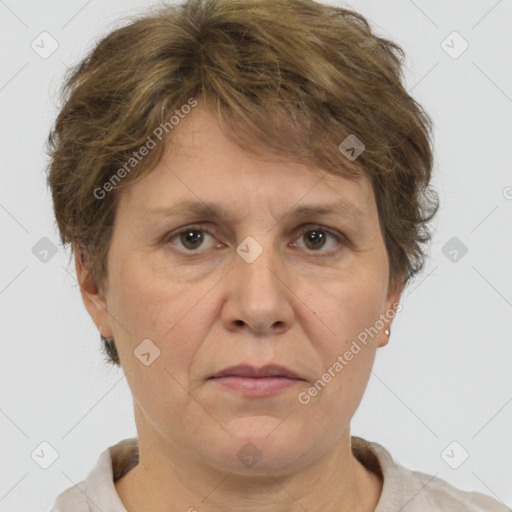 Joyful white adult female with short  brown hair and brown eyes