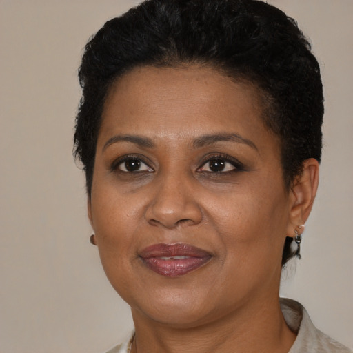 Joyful black adult female with short  brown hair and brown eyes
