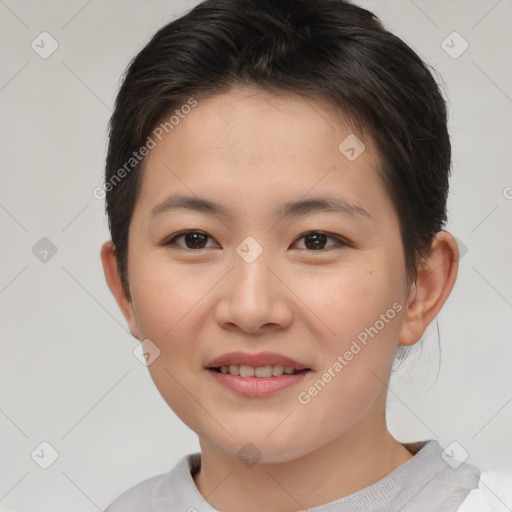 Joyful asian young-adult female with short  brown hair and brown eyes