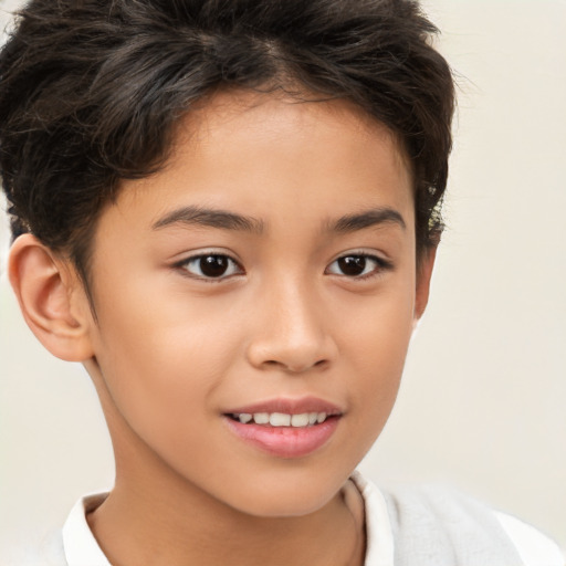 Joyful white child female with short  brown hair and brown eyes