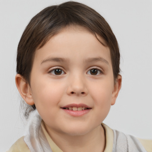 Joyful white child female with medium  brown hair and brown eyes